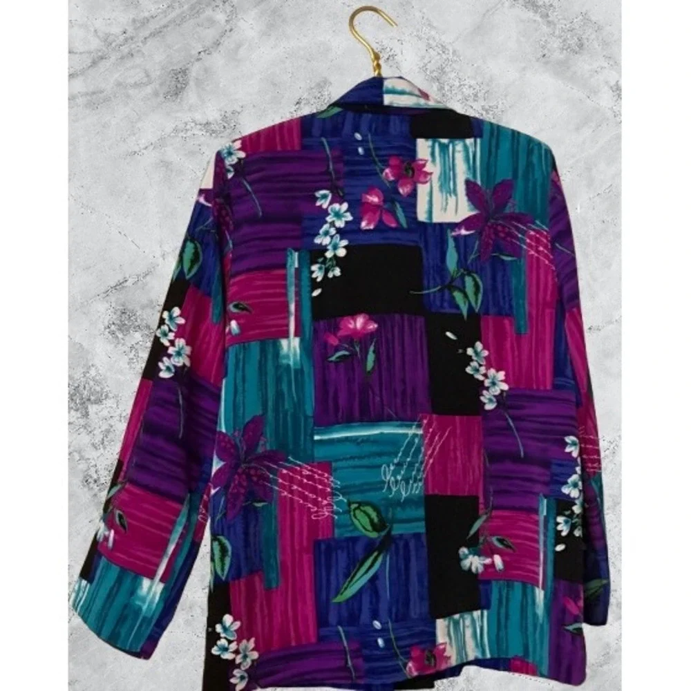 Willow Ridge Vintage Abstract Floral Patchwork Blazer Purple Teal L 80s 90s - Picture 2 of 5